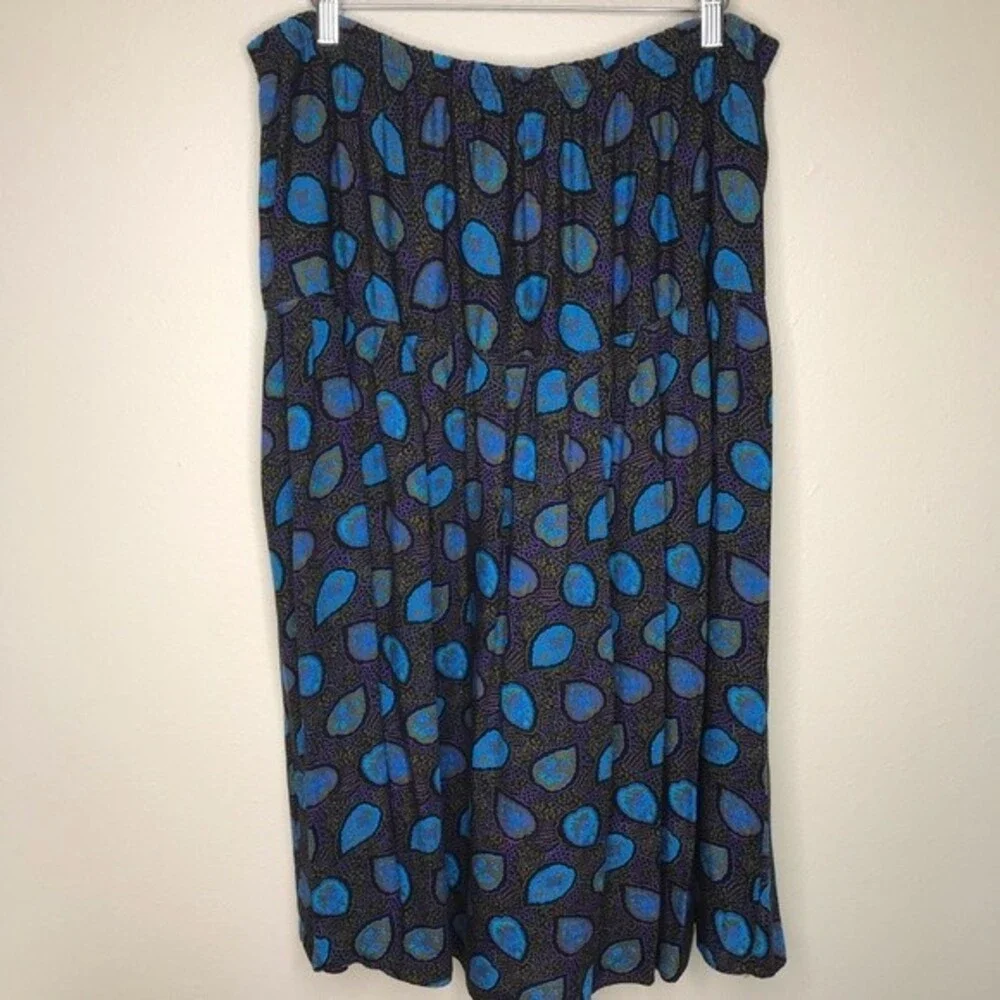 Vintage Queens Plaza Rayon Elastic Waist Drop Yoke Blue Women Midi Skirt Size 20